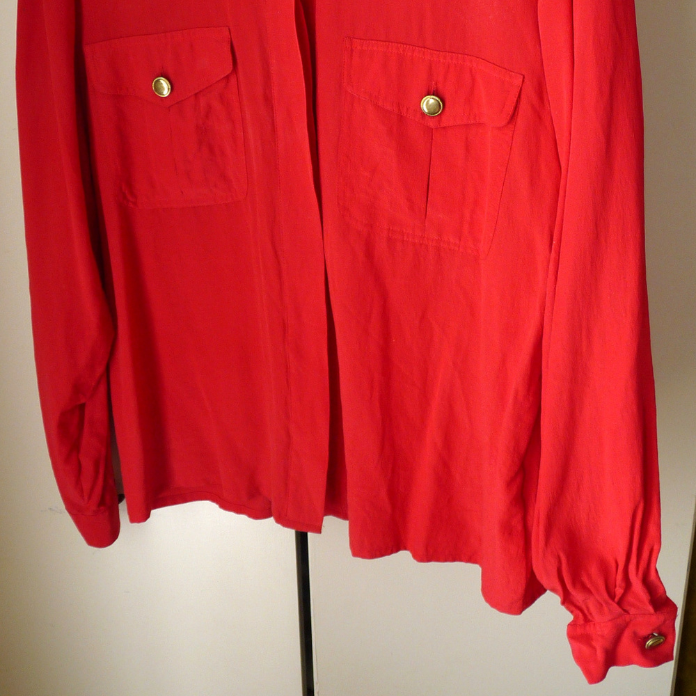 SK & Company red silk blouse shirt brass buttons - Picture 6 of 7